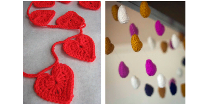 Garland dari Knitted Hearts untuk mendekorasi ruangan untuk semua hari kekasih