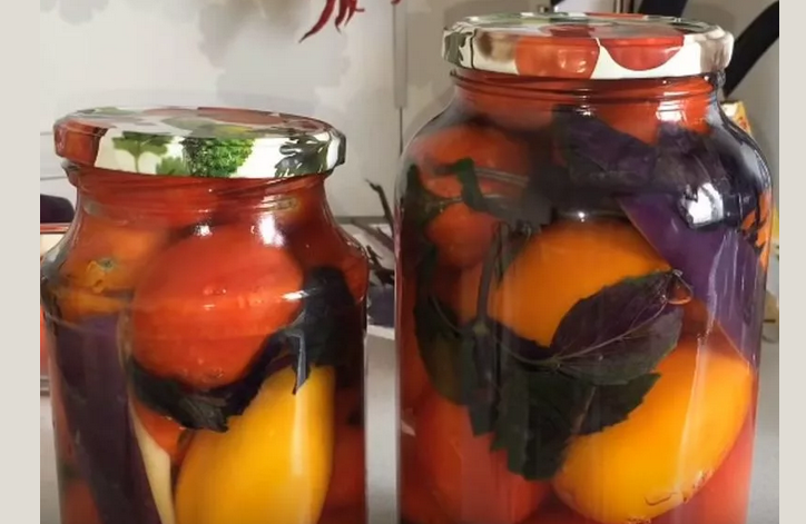 Sylda tomater med basilika för vintern