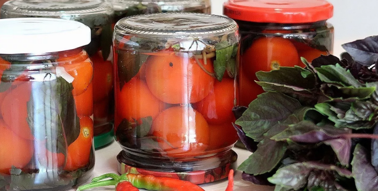 Tomater, tomater med basilika för vintern