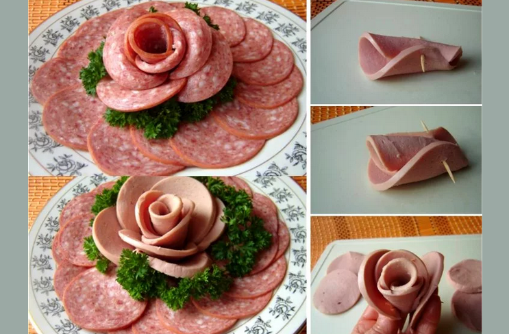 Köttskärning på ett festligt bord - en algoritm för att skapa en ros från korv eller kött